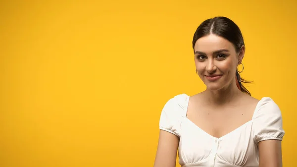 Smiling Woman Blouse Looking Camera Isolated Yellow — Stock fotografie