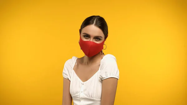 Brunette Woman Blouse Protective Mask Looking Camera Isolated Yellow — стоковое фото