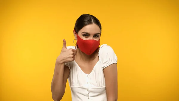 Young Woman Protective Mask Showing Gesture Isolated Yellow — Stock Photo, Image