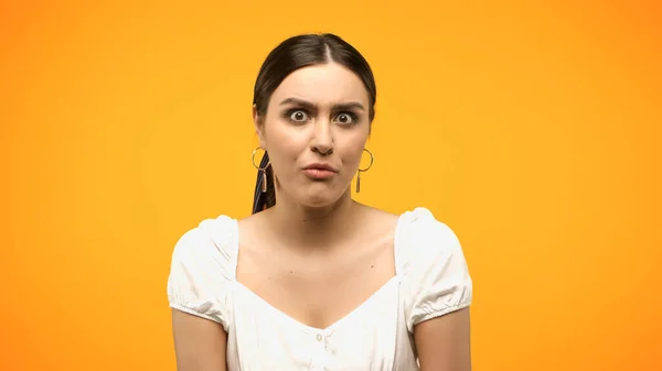 Confused Woman Blouse Looking Camera Isolated Yellow — Foto de Stock