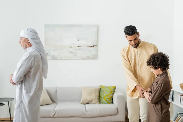 Mature Man Praying Muslim Father Son Home — Stock Photo, Image