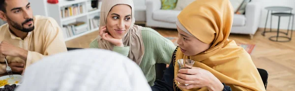 Asian Woman Holding Glass Tea Family Dinner Muslim Family Banner — Stock Photo, Image