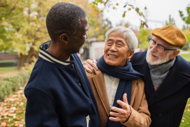 Neşeli Asyalı adam sonbahar parkında çok ırklı arkadaşlarla konuşuyor. 