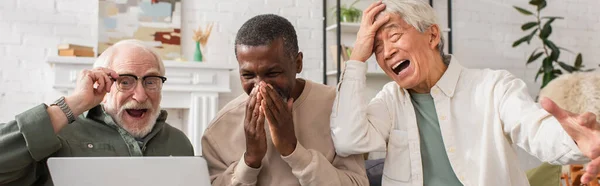 Heyecanlı Çok Irklı Emekliler Oturma Odasında Dizüstü Bilgisayara Bakıyor — Stok fotoğraf