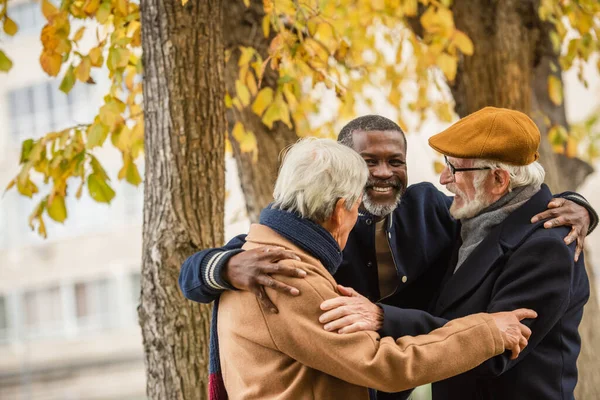 Smiling African American Man Hugging Interracial Friends Autumn Park — Stock Photo, Image