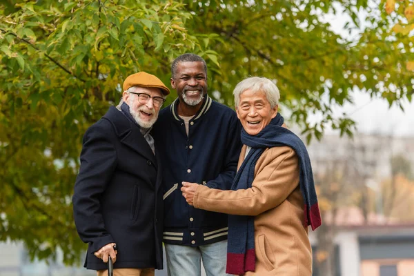 Веселые Мультикультурные Старшие Друзья Улыбаются Перед Камерой Осеннем Парке — стоковое фото