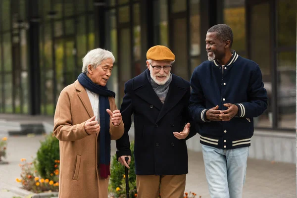 Hombre Pelo Gris Con Bastón Que Habla Con Amigos Interracial —  Fotos de Stock