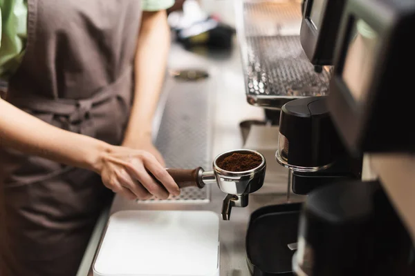 Cropped View Barista Holding Portafilter Grinder Cafe — Stock Photo, Image