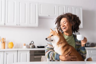 Kahkaha atan Afro-Amerikan kadın mutfakta bir fincan kahve ve Shiba Inu köpeğiyle oturuyor.