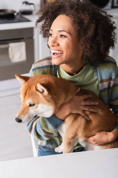 キッチンで柴犬を抱きかかえながらアフリカ系アメリカ人女性を見送り — ストック写真