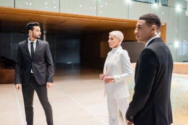 Irklar arası korumalar otel lobisinde olgun bir iş kadınının yanına bakıyor.
