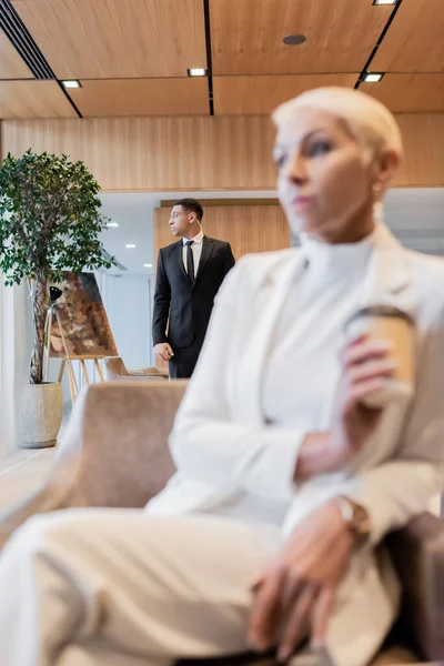 Selective Focus African American Bodyguard Senior Business Lady Blurred Foreground — Stock Photo, Image