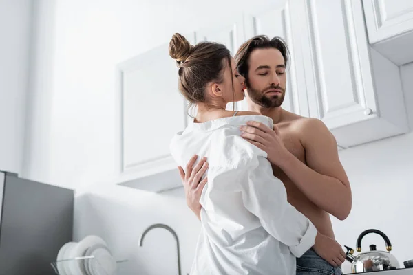 Shirtless Man Undressing Seducing Girlfriend White Shirt — Stock Photo, Image