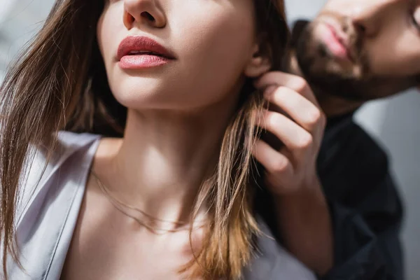 Cropped View Bearded Man Seducing Sensual Woman Silk Robe — Stock Photo, Image