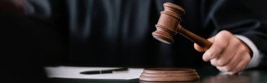 partial view of blurred judge holding gavel during sentencing, banner clipart