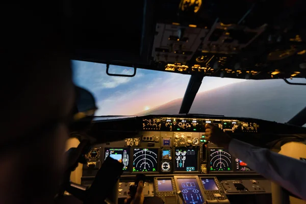 Partial View Professionals Piloting Airplane Evening — Stock Photo, Image