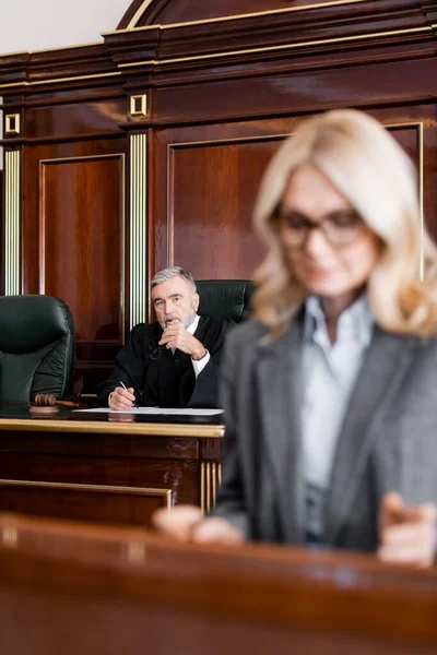 Senior Grey Haired Judge Looking Advocate Blurred Foreground — Stock Photo, Image