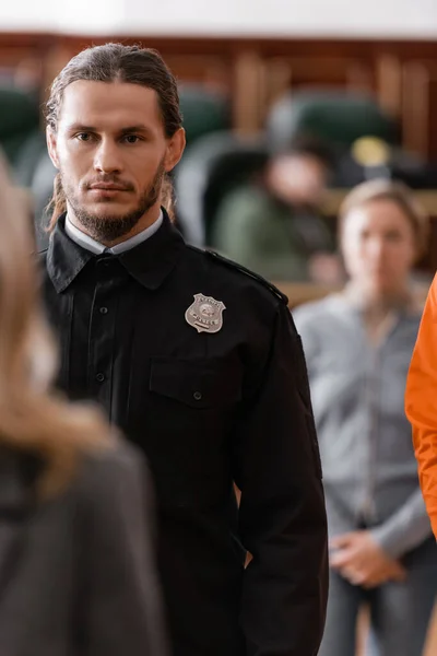 Selective Focus Bearded Bailiff Black Uniform Blurred Jurors Court — Stock Photo, Image