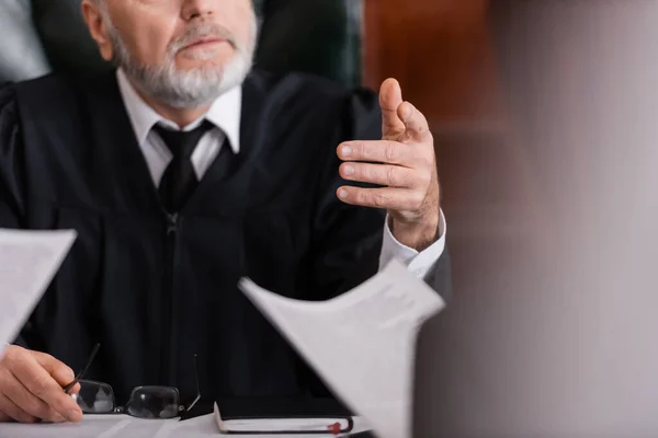 Cropped View Judge Pointing Finger Prosecutor Lawsuit Blurred Foreground — Stock Photo, Image