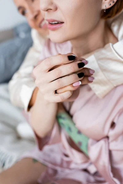 Cropped View Lesbian Couple Embracing Blurred Bed Home — Stock Photo, Image