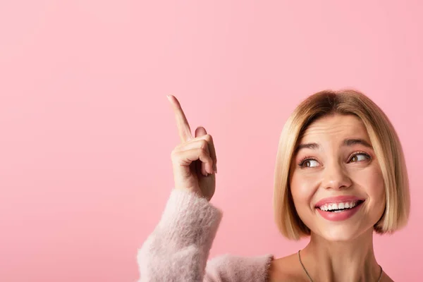Happy Young Woman Soft Cardigan Pointing Finger Isolated Pink — Stock Photo, Image