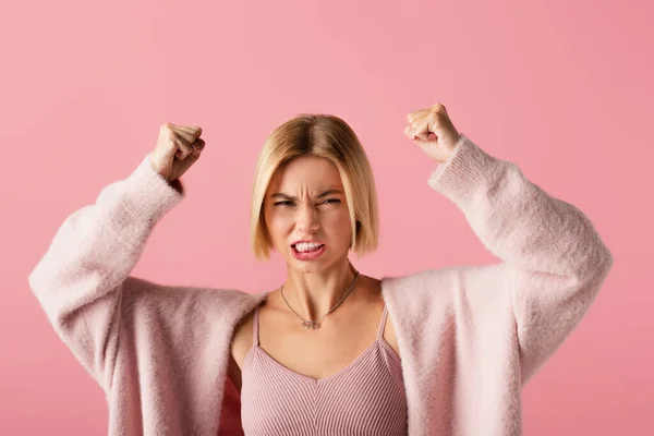 Angry Young Woman Soft Cardigan Clenched Fists Isolated Pink — Stock Photo, Image