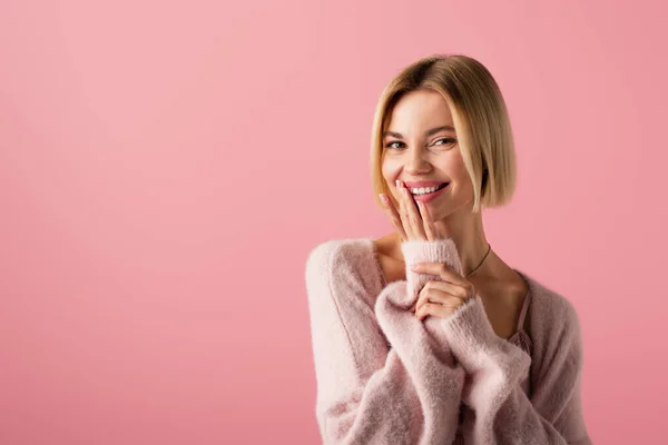 Happy Young Woman Soft Cardigan Touching Lips Isolated Pink — Stock Photo, Image