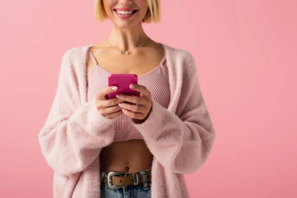 Cropped View Happy Young Woman Soft Cardigan Using Smartphone Isolated — Stock Photo, Image