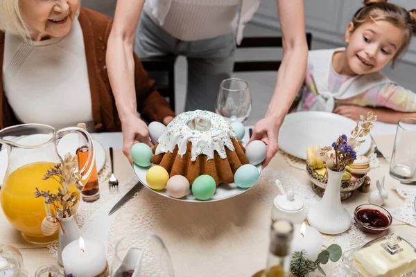 Woman Holding Plate Painted Eggs Easter Cake Happy Daughter Senior — Stock Photo, Image