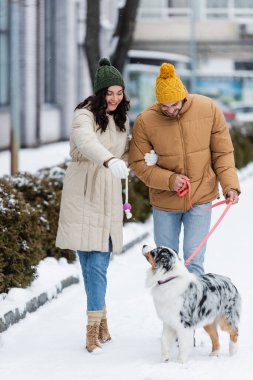 Avustralya çoban köpeğiyle gezen, kışlık ceketli ve şapkalı mutlu bir çift.