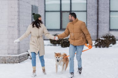 Sevgilisiyle el ele tutuşan ve Akia Inu köpeğiyle yürüyen mutlu bir adam.