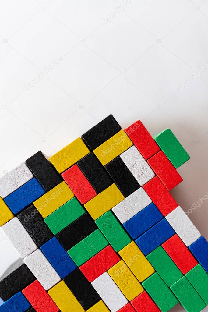 plenty of multicolored blocks on white background with copy space, top view