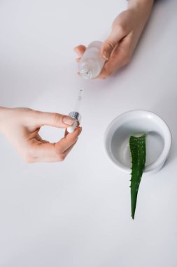 Laboratuvar asistanının elinde pipeti olan serumu kasenin içinde tutarken kısmi görüntüsü 