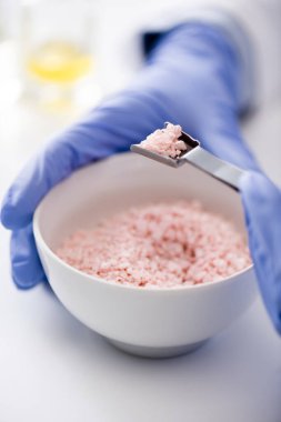 Lateks eldivenli laboratuvar asistanının kimyasal maddenin yanında metal kepçe tutarken görüntüsü.