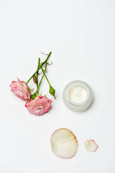 Πάνω Όψη Του Ροζ Λουλούδια Κοντά Δοχείο Κρέμα Λευκό — Φωτογραφία Αρχείου