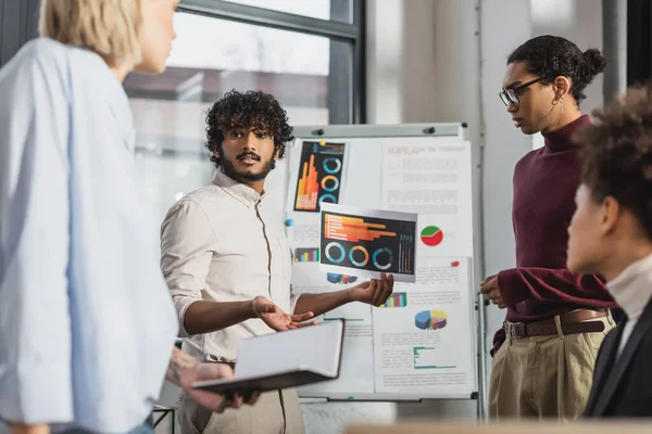 Indischer Geschäftsmann Hält Papier Neben Kollegen Und Flipchart Büro — Stockfoto