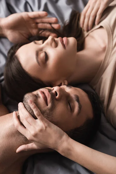 High Angle View Pretty Woman Touching Neck Boyfriend Bed — Stock Photo, Image