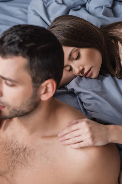 High Angle View Pretty Woman Touching Shoulder Shirtless Boyfriend Bedroom — Stock Photo, Image