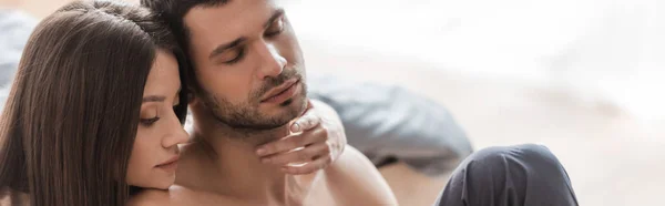 Young Woman Touching Neck Shirtless Man Bedroom Banner — Stock Photo, Image