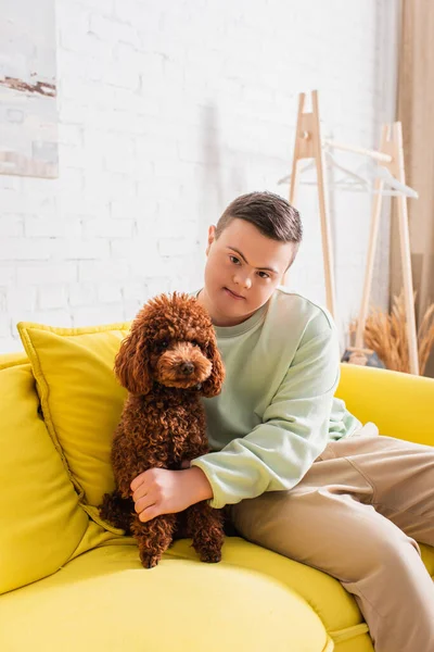 Teenage Boy Syndrome Looking Camera While Petting Pudl Gauč Doma — Stock fotografie