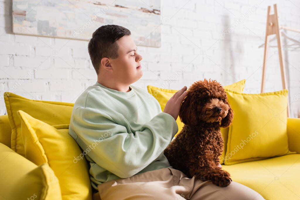 Side view of teen boy with down syndrome petting poodle on couch 
