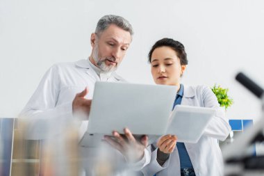 Dijital tabletle iş arkadaşının yanındaki bilgisayara bakan sakallı genetikçi