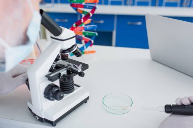 Mikroskopla çalışırken mikropipeti petri kabının yanında tutan bulanık genetikçinin kısmi görüntüsü