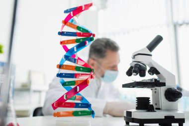 Bulanık arka planda tıbbi maskeli bulanık biyoteknoloji uzmanı DNA modeli ve mikroskop.