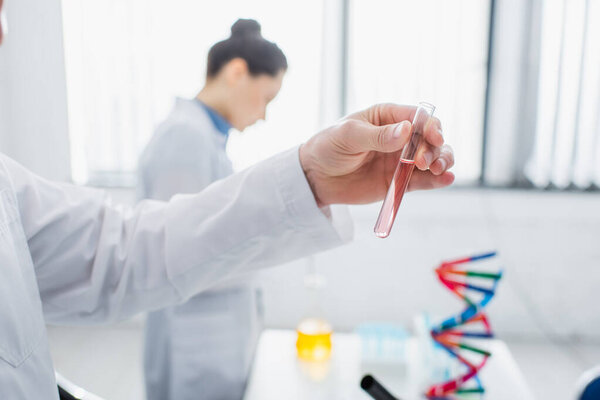geneticist holding test tube with liquid near blurred colleague working in laboratory