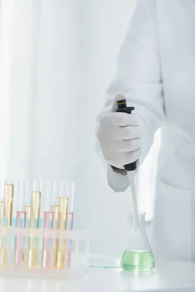 Partial View Geneticist Latex Glove Holding Micropipette Flask Test Tubes — Stock Photo, Image