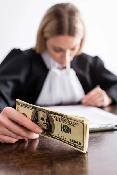 Selective Focus Dollar Banknotes Hand Blurred Prosecutor Reading Lawsuit — Fotografia de Stock