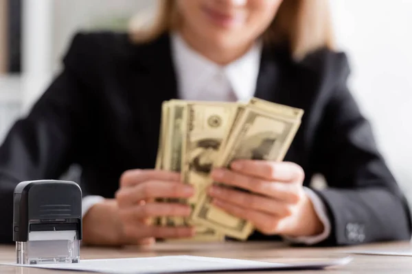 Selective Focus Stamper Cropped Notary Counting Dollars Blurred Background — Stock Photo, Image