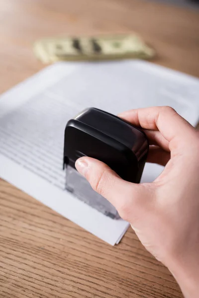 Cropped View Notary Stamper Blurred Contract Money — Fotografia de Stock