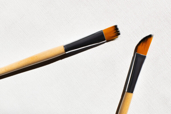 top view of paintbrushes on white textured background 